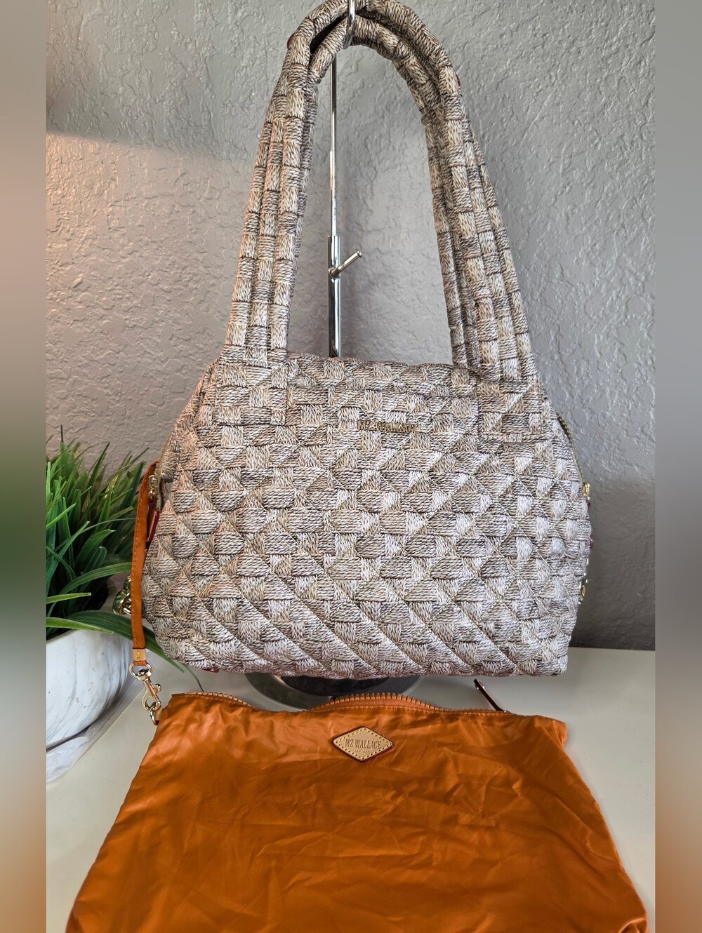 MZ Wallace Quilted Woven Tote Shoulder Bag Pouch Leather Trim Like New